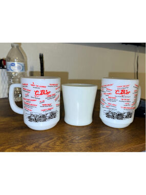 Vintage C.B.'er CB Radio Slang Milk Glass Mugs Set of 2, White/Red 1 fireking